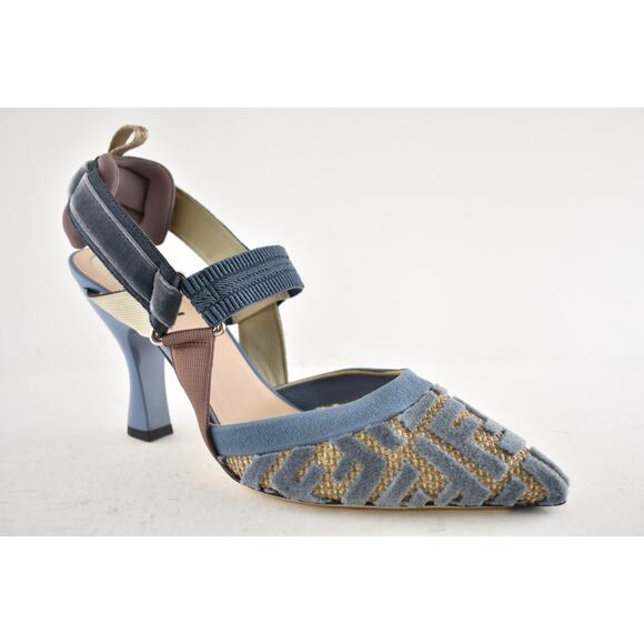 Fendi Colibri Lite 85mm Blue Velvet Beige FF Logo Pointed Slingback Heel Pump 40 - Picture 5 of 14